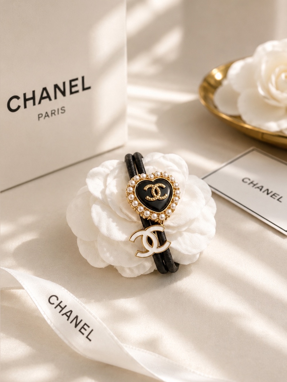 Chanel CC Heart Pearl Hair Tie Black Gold Logo Ponytail Holder